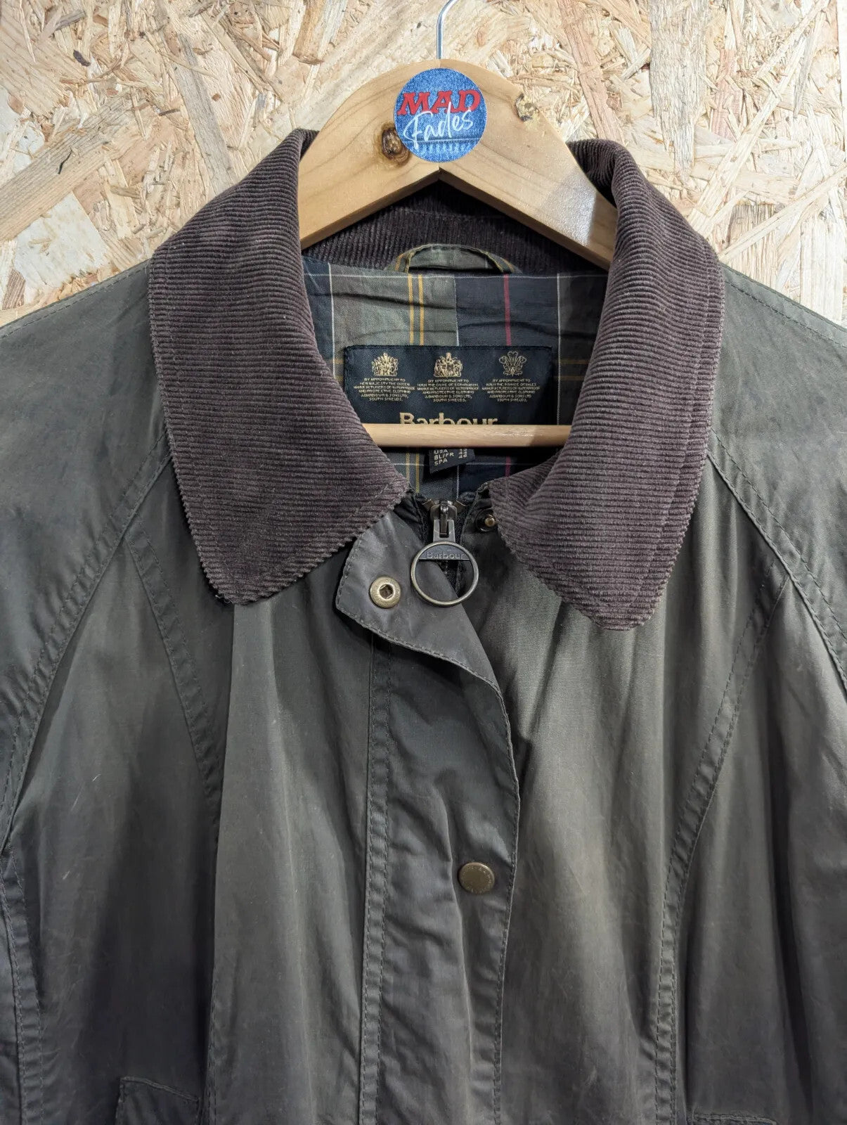 Barbour Flyweight Tartan Wax Jacket Womens UK12 Dark Green Cotton Cord Collar