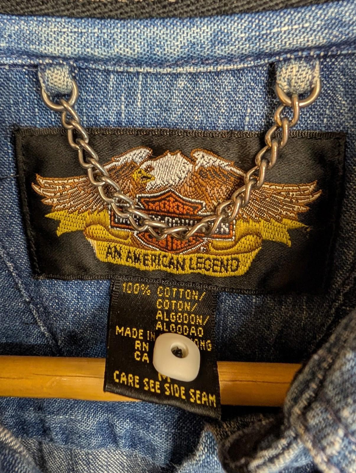 Harley Davidson Denim Shirt Medium Women Embroidered Blue Long Sleeve Button-Up