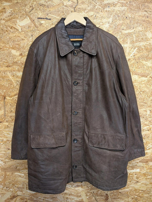 Hugo Boss Leather Coat XL 44 Men Brown Vintage 90s Padded Lined Heavy Duty