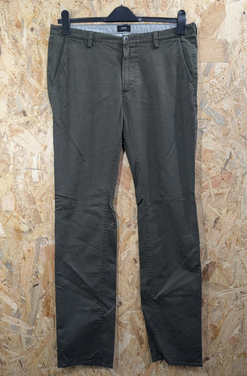 Hugo Boss Chino Trousers W34 L33 Khaki Green Stretch Rice Slim Fit Straight Zip