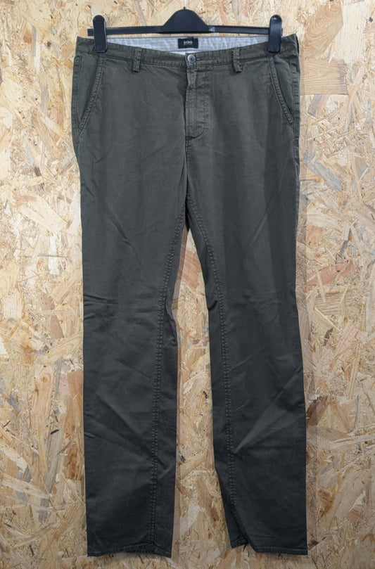 Hugo Boss Chino Trousers W34 L33 Khaki Green Stretch Rice Slim Fit Straight Zip