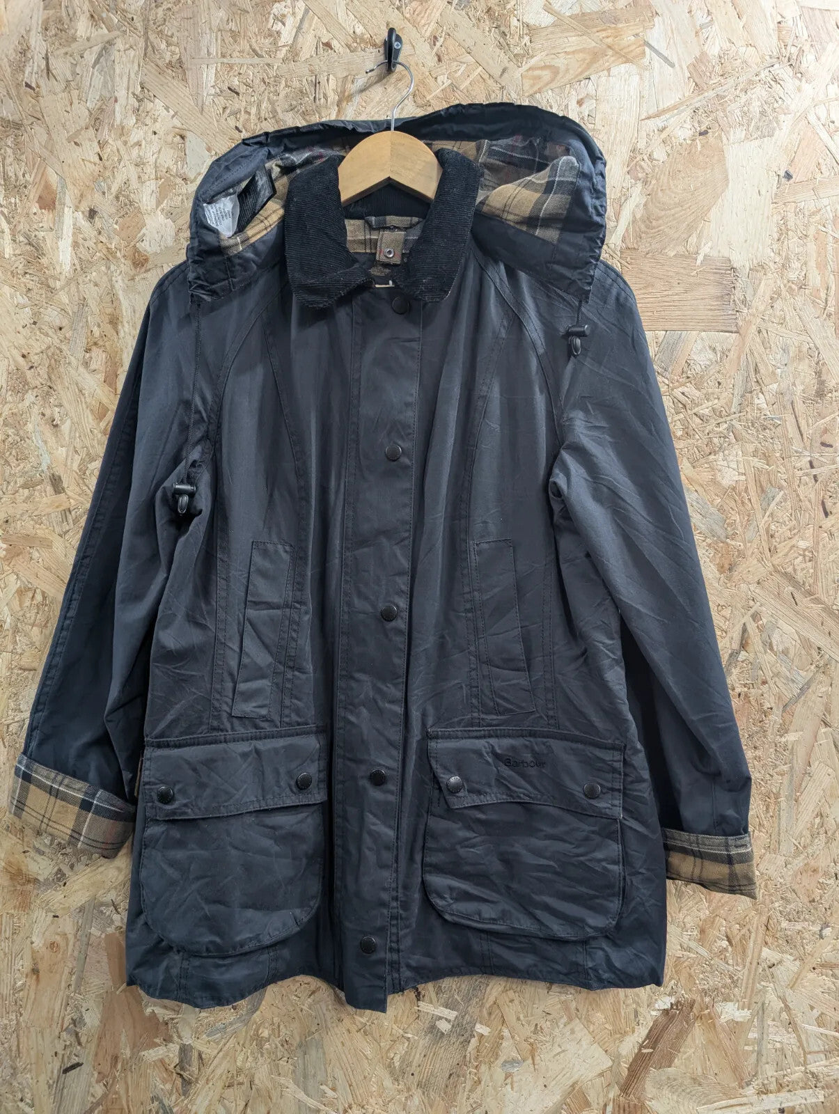 Barbour Beadnell Wax Jacket Womens UK10 Navy Blue Cotton Tartan Hooded Full Zip