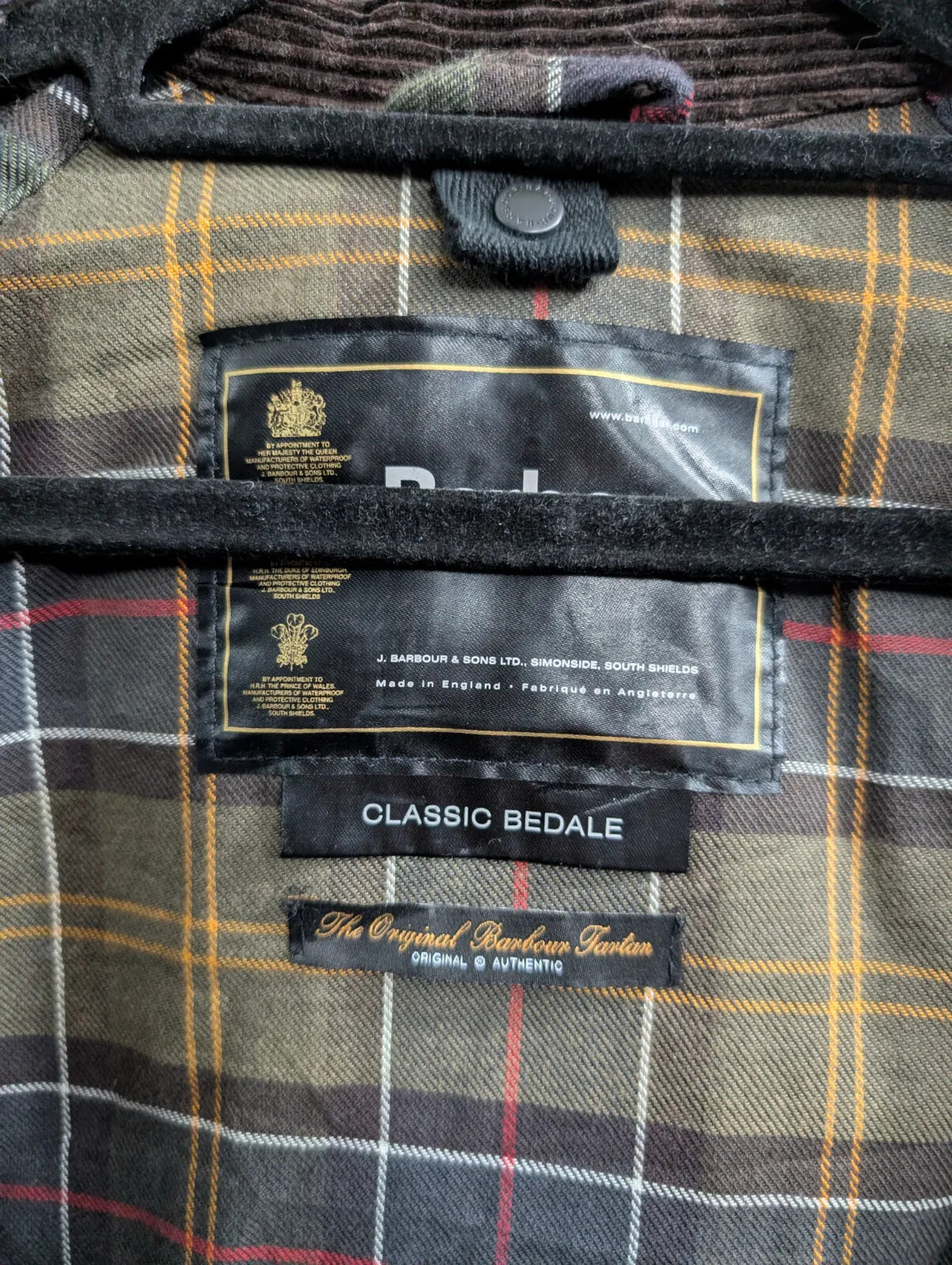 Barbour Classic Bedale Wax Jacket Mens Small Olive Green Cotton Cord Collar