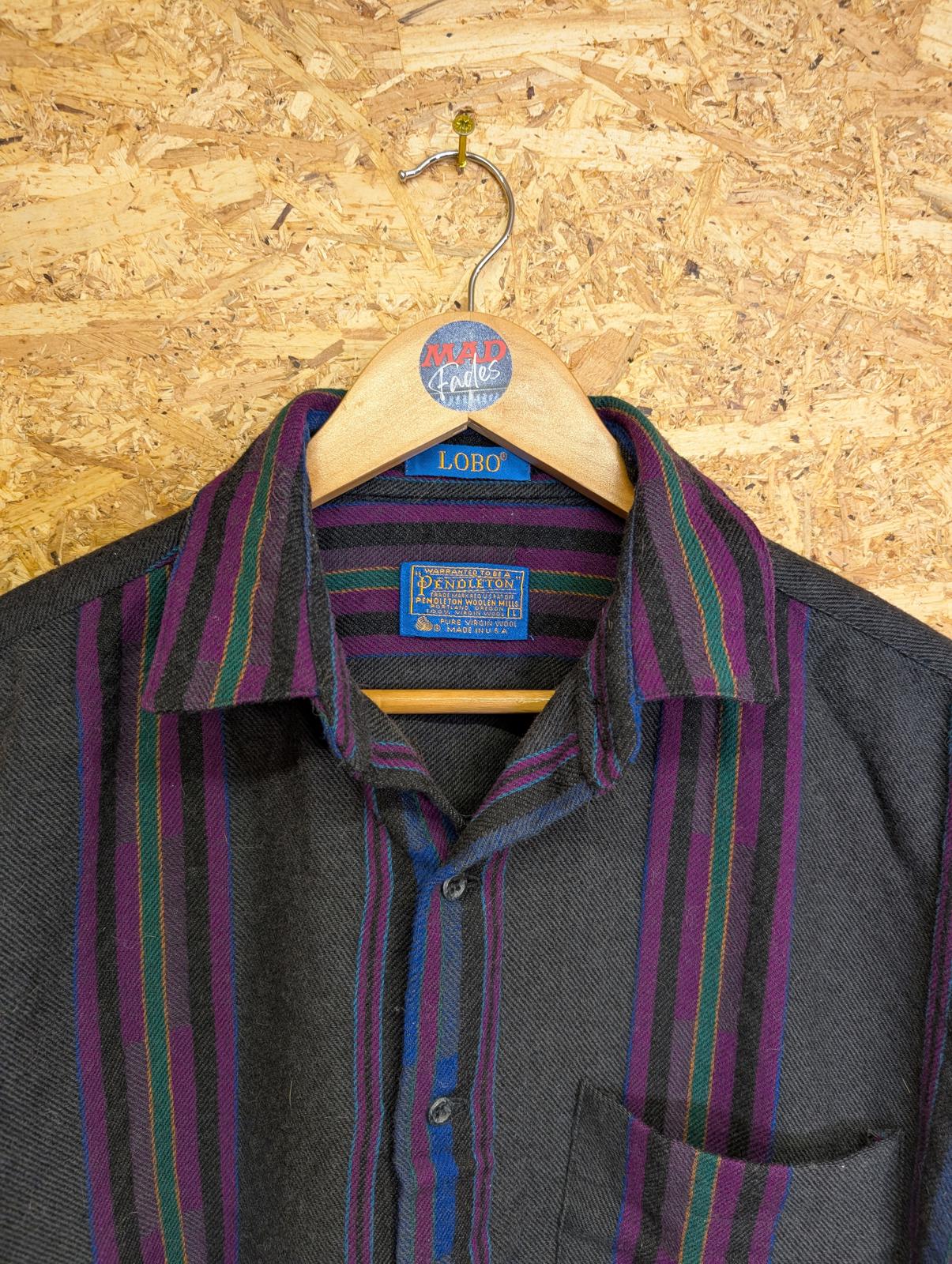 Pendleton Lobo Shirt Large Grey Purple Blue Stripe Wool Made In USA