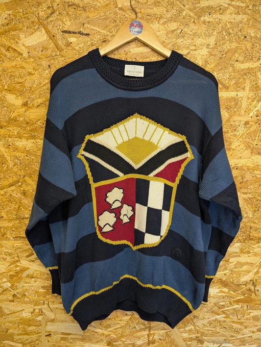 Trussardi Knitwear Jumper XL Men Striped Sweatshirt Vintage Blue Cotton Italy