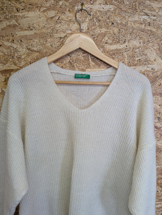 United Colours of Benetton XS-S V-Neck Jumper Soft Knit Oversize Sweater White