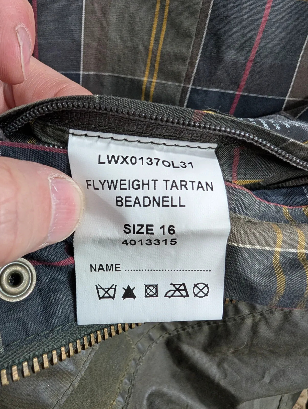 Barbour Flyweight Tartan Wax Jacket Womens UK12 Dark Green Cotton Cord Collar