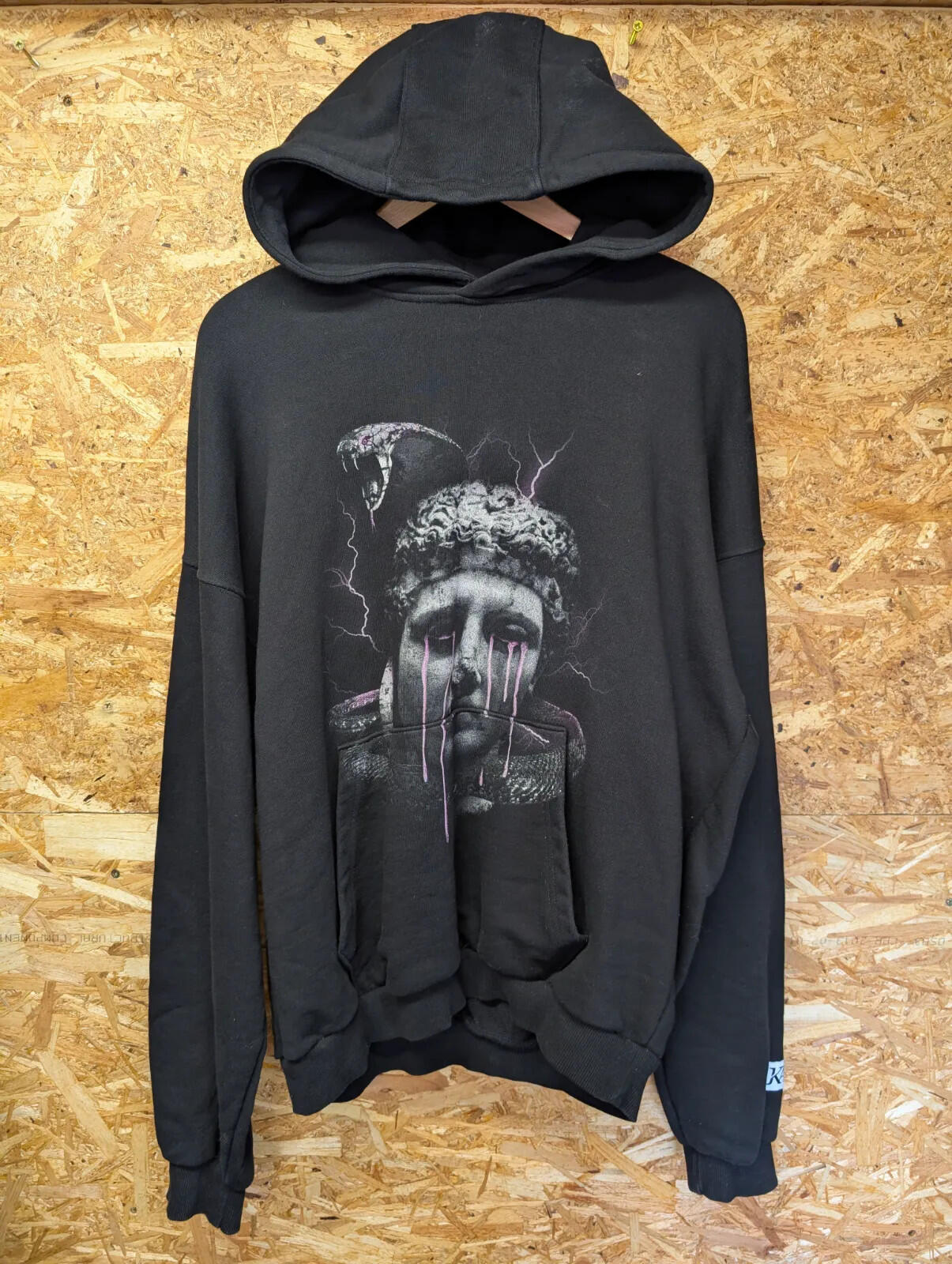 JK Attire Hoodie Mens Large Black Statue Face Graphic Print Pullover Thick Heavy