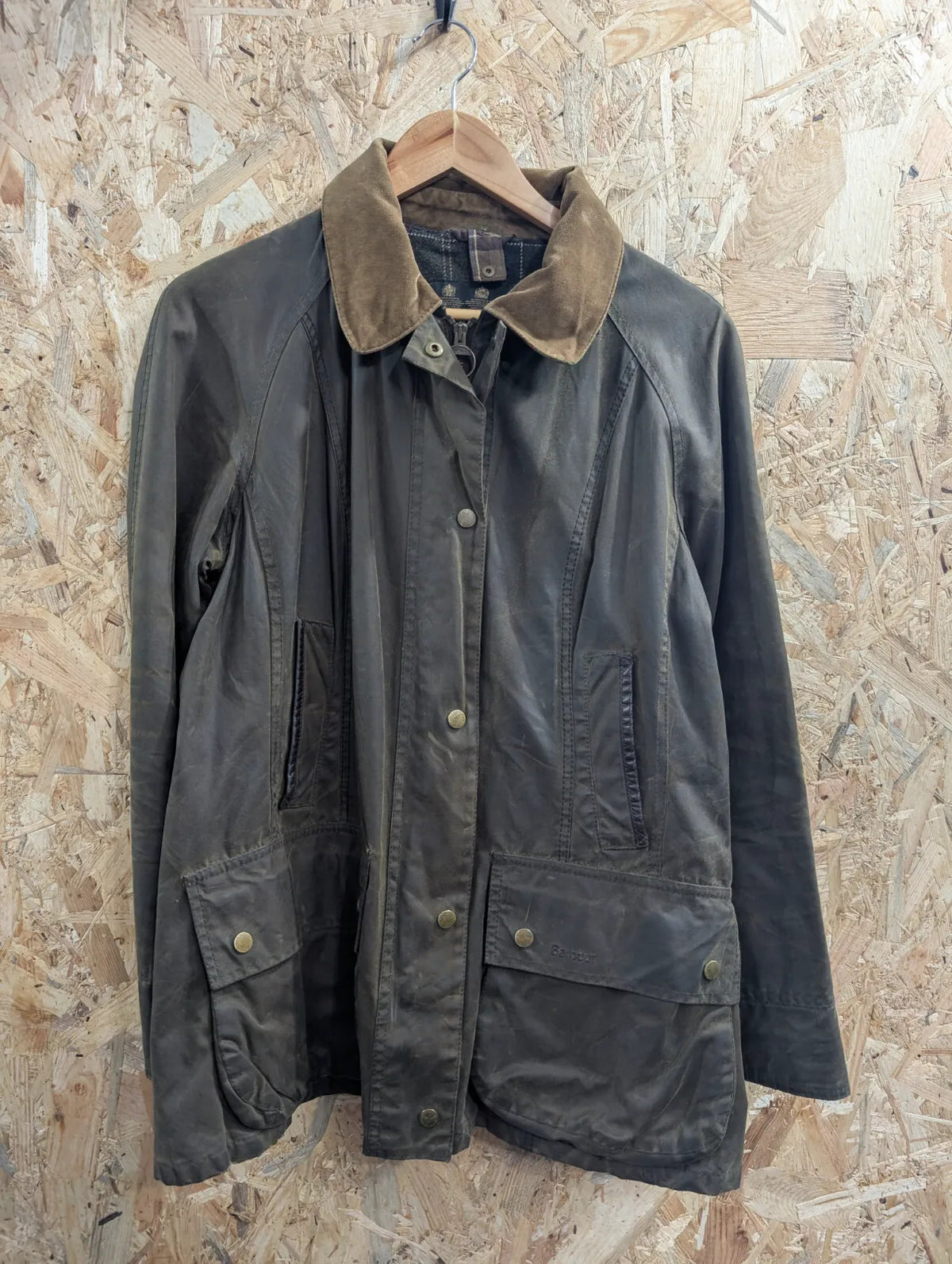 Barbour Waxed Jacket Womens UK14 Olive Waxed Cotton Tartan Lining Full Zip Plaid