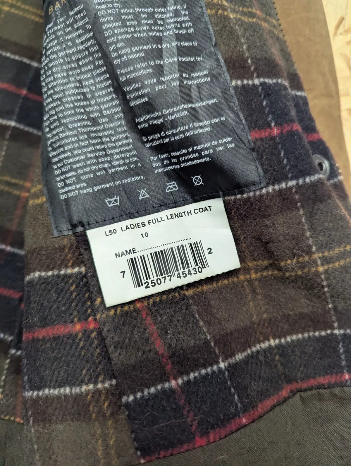 Barbour L50 Wax Coat Womens UK10 Brown Wool Plaid Lining Stockman Full Length