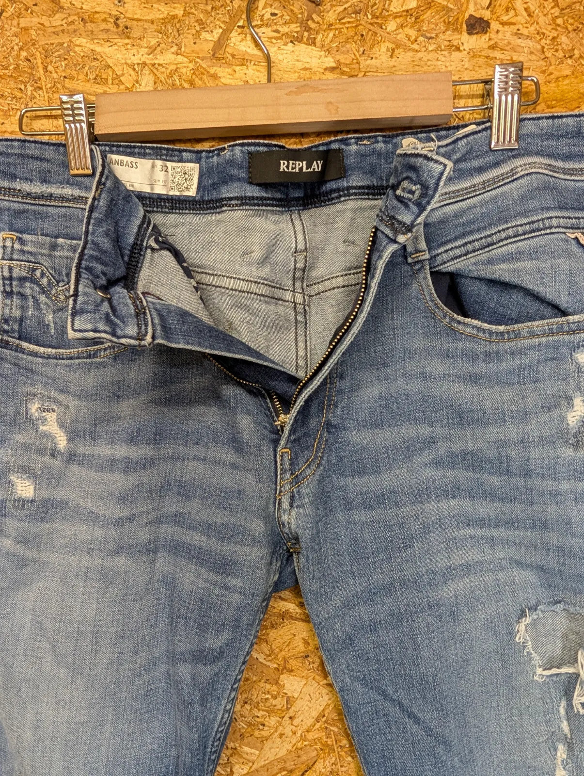 Replay Anbass Slim Jeans W32 L32 Blue Denim Distressed Organic Cotton Straight