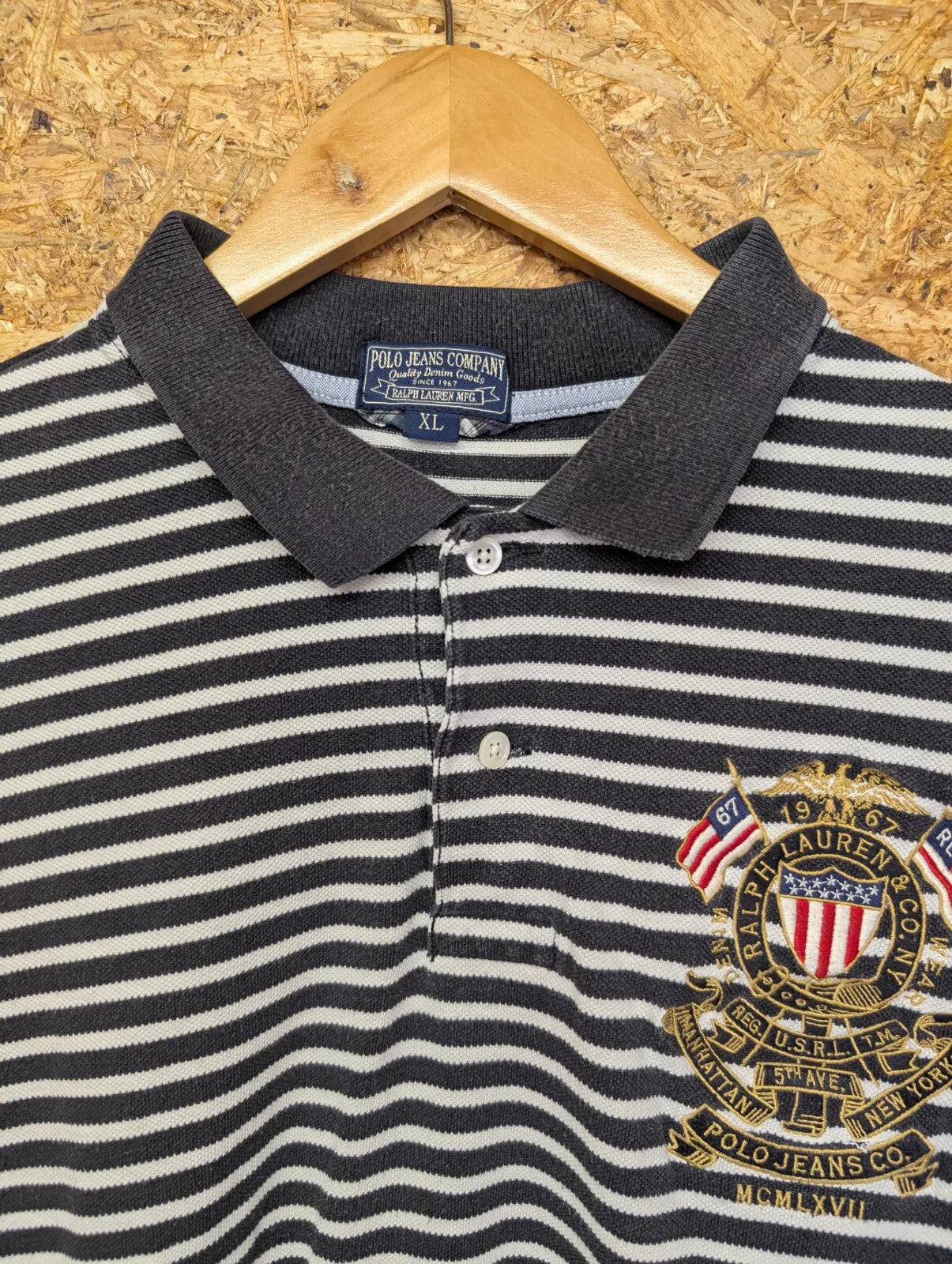 Vintage Ralph Lauren Polo Shirt Men XL Black White Embroidered Cotton Stripe 90s