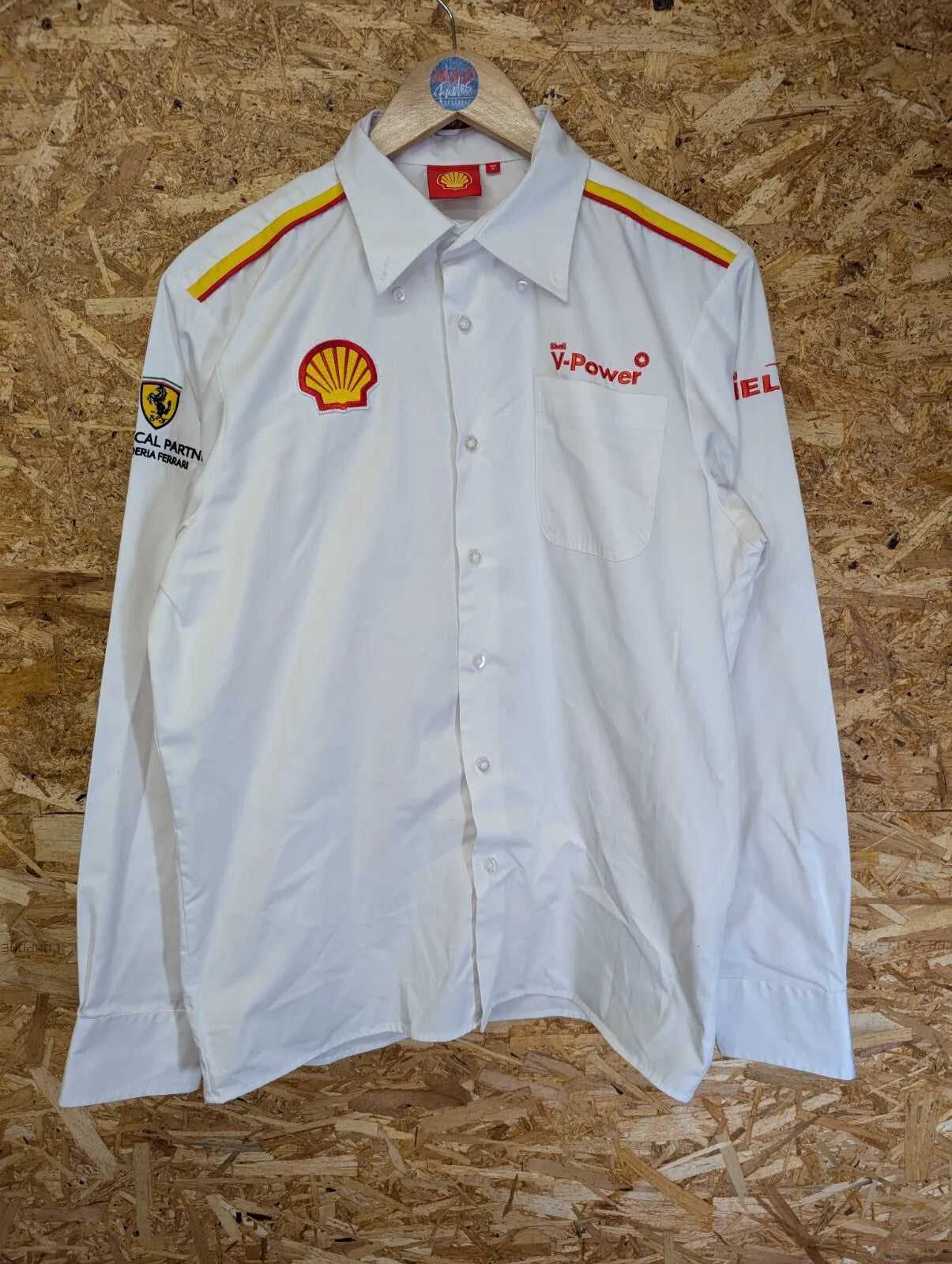 Shell Scuderia Ferrari Button Up Shirt Mens Medium White Cotton Logo Long Sleeve