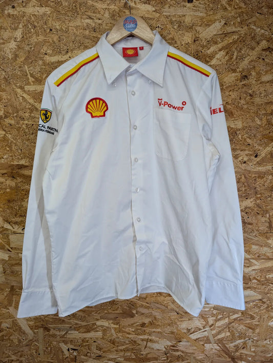Shell Scuderia Ferrari Button Up Shirt Mens Medium White Cotton Logo Long Sleeve