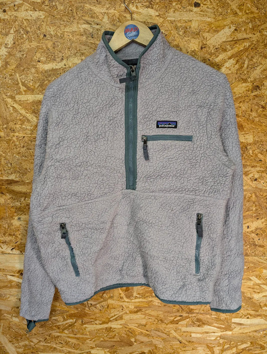 Patagonia Deep Pile Fleece Top Womens Small Grey Green Zip Pockets Retro 1/2 Zip