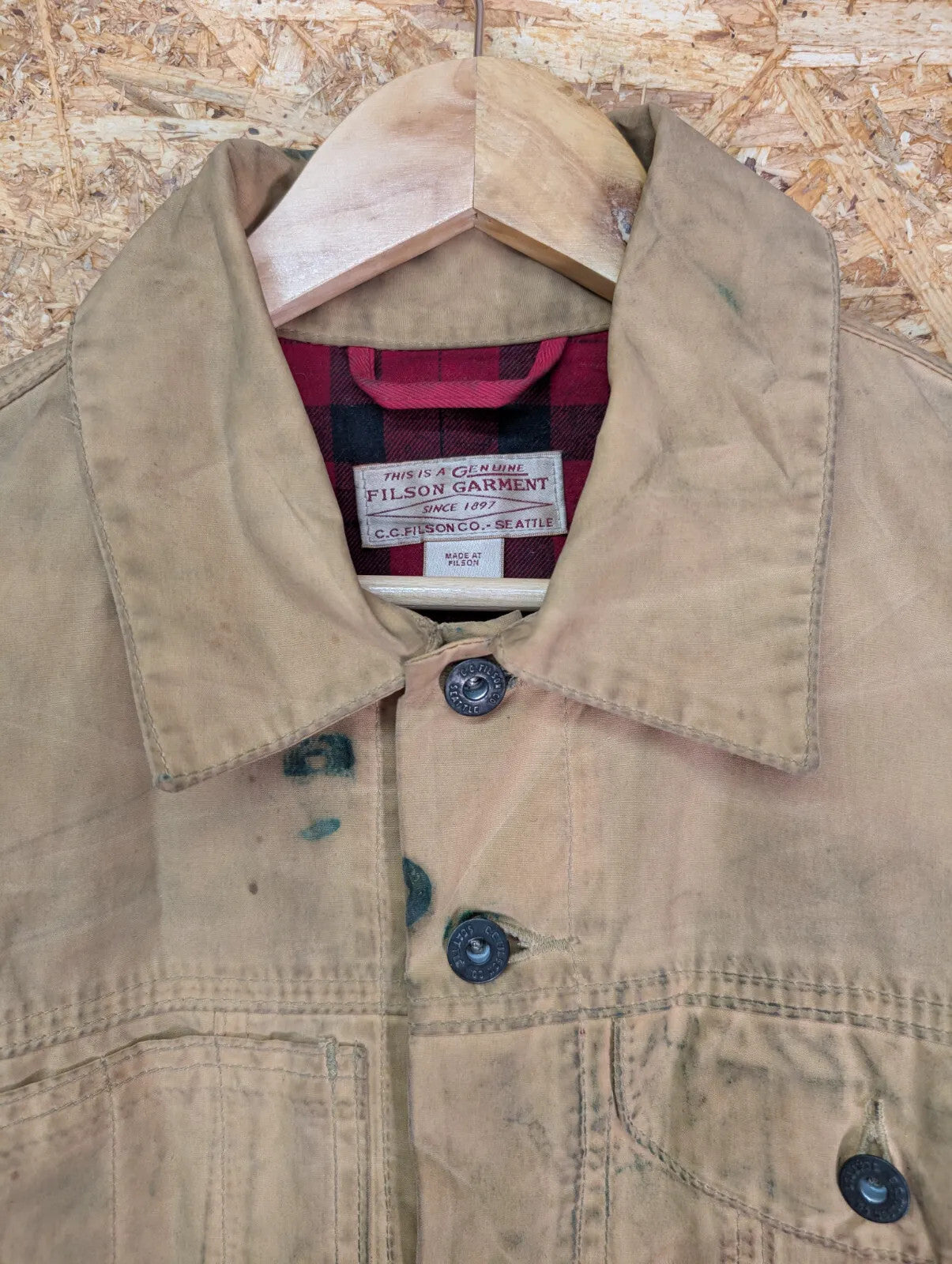 Filson Short Lined Cruiser Jacket Mens Small Tan Cotton Checked USA Made