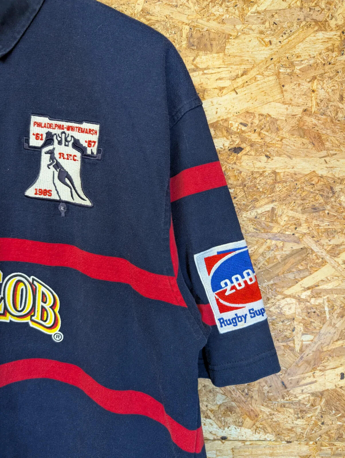 Philadelphia Whitemarsh Kooga Rugby Shirt Large Navy Cotton Striped Short Sleeve