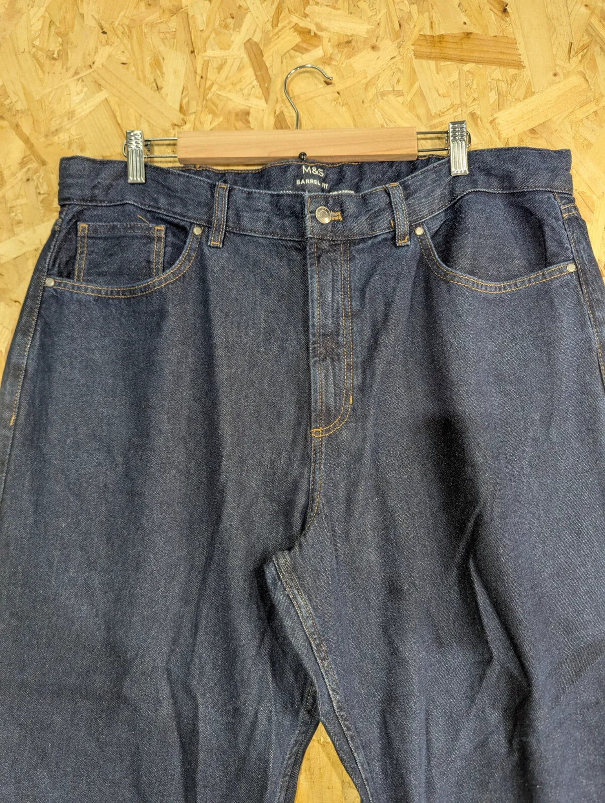 M&S Barrel Fit Jeans Mens W36 L29 Dark Blue Wash Denim Five Pocket Marks Baggy