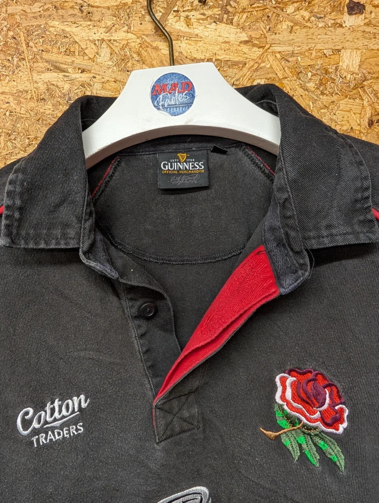 Vintage Guinness England Rugby Top Mens XL Black Cotton Embroidered Button 90s
