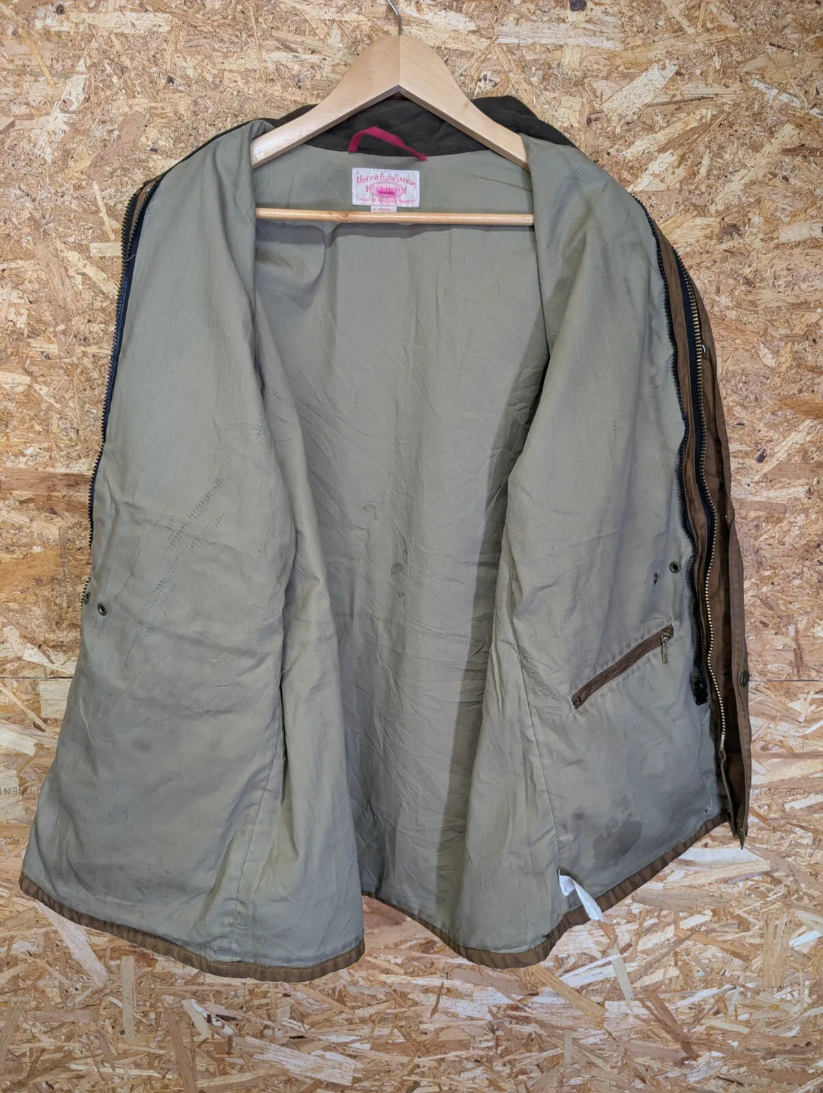 Filson Cover Cloth Mile Marker Coat Mens M Brown Zip 10409 USA Made Lined Wax