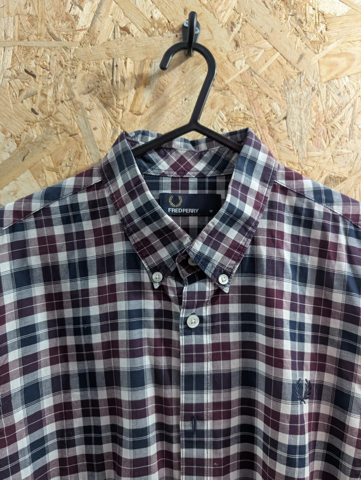 Fred Perry Shirt Men Medium Navy Burgundy White Check L/S Button Down Collar