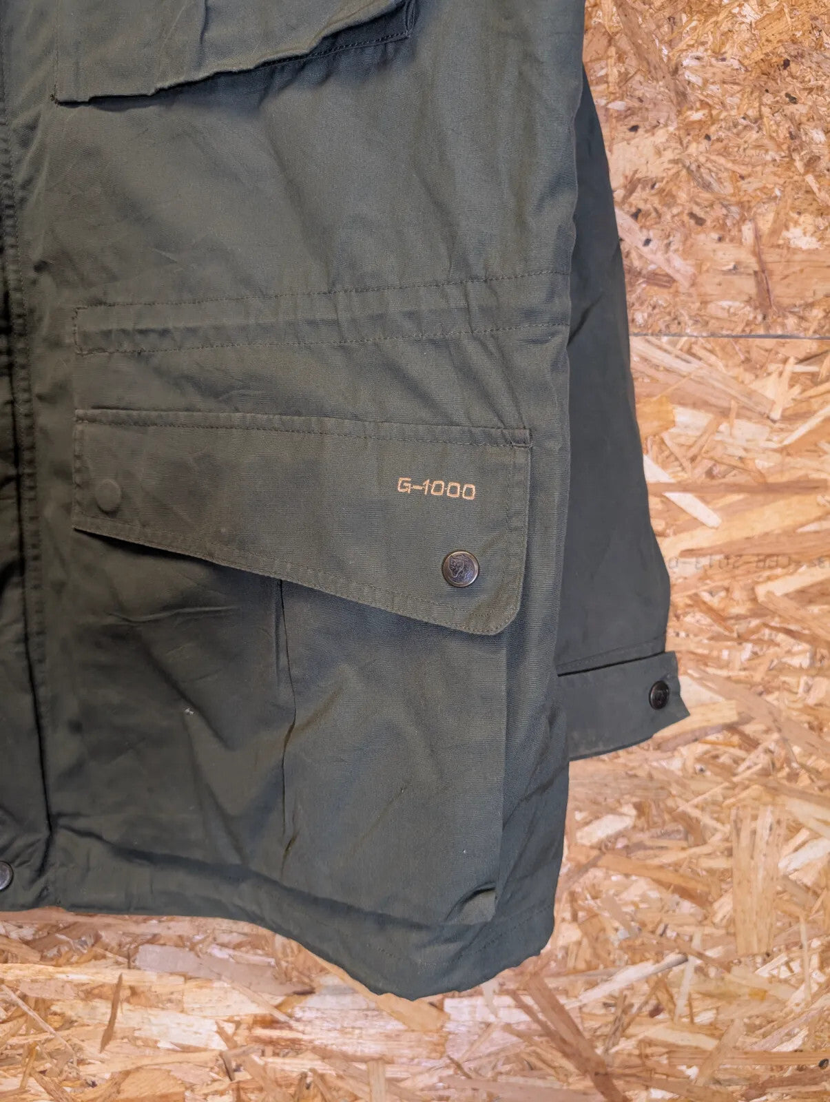 Fjallraven G1000 Field Jacket Mens XL Khaki Green Stowaway Hood Hiking Walking
