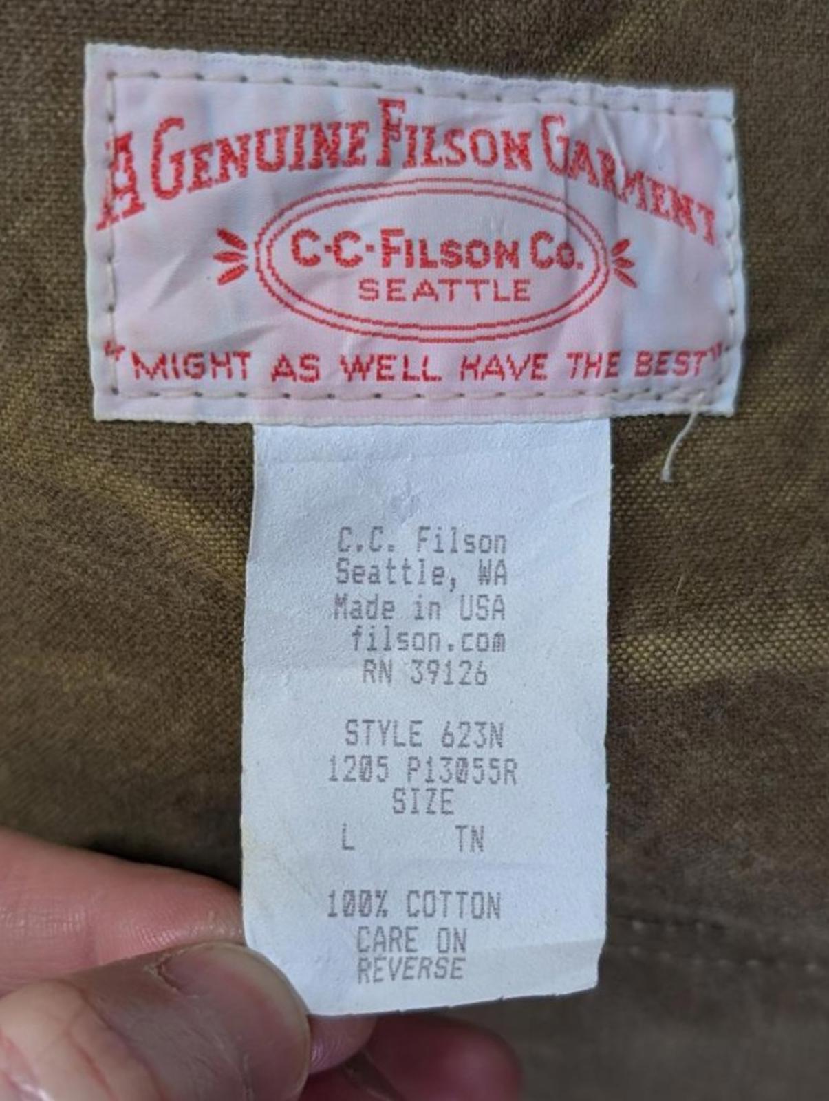 Filson 623N Field Jacket Large 42 Men USA Waxed Tin Cloth Hunting Mackinaw Coat
