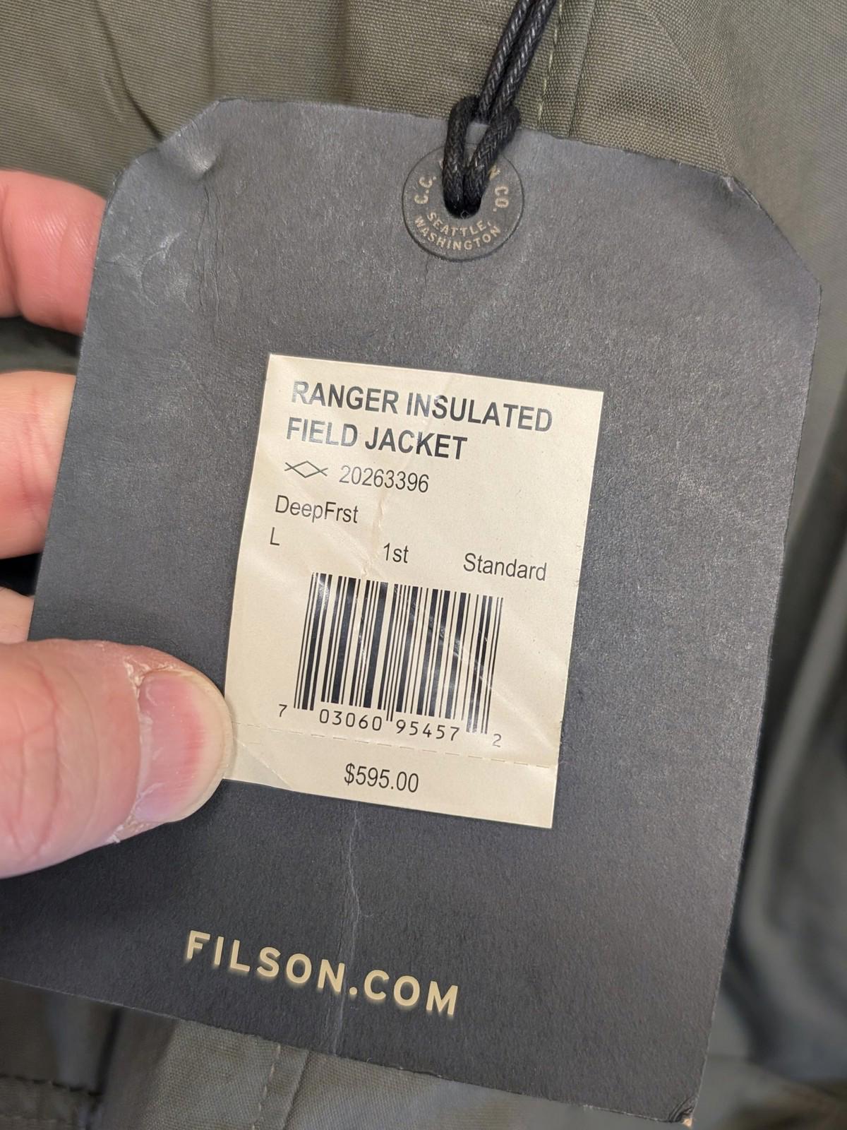 Filson Ranger Insulated Field Jacket Large Men Hooded Green Dry Wax Primaloft