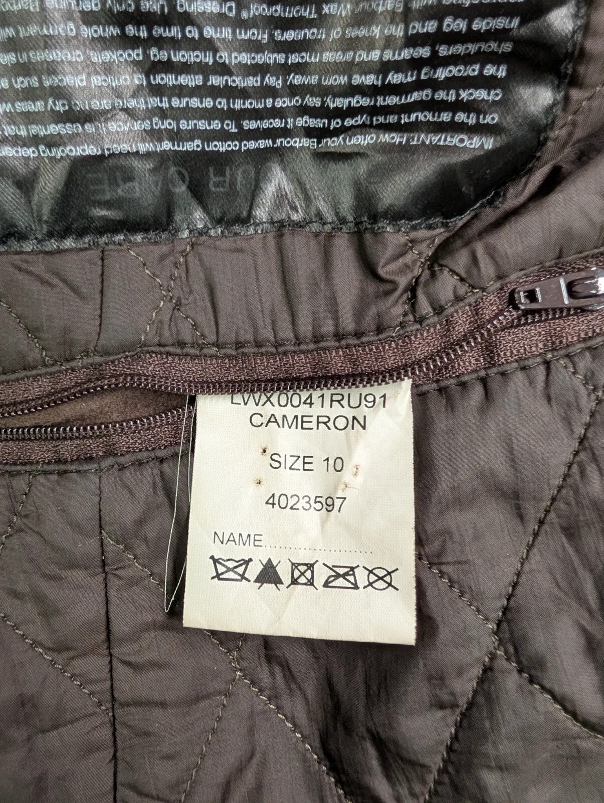 Barbour Cameron Coat Womens UK10 Brown Waxed Cotton Quilted Belted Full Zip