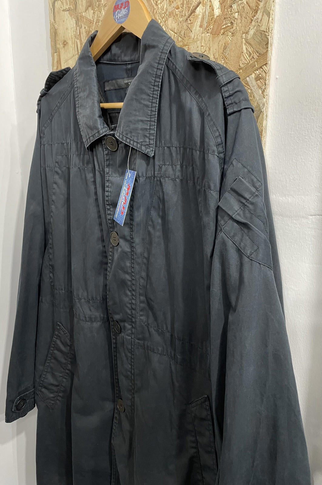 Griffin Jacket Mens Medium Black Grey Mac Trench Coat Canvas Long Military