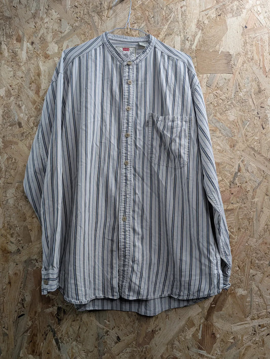 Levis Shirt Mens Large Henley Grandad Collar White Cotton Striped Long Sleeve