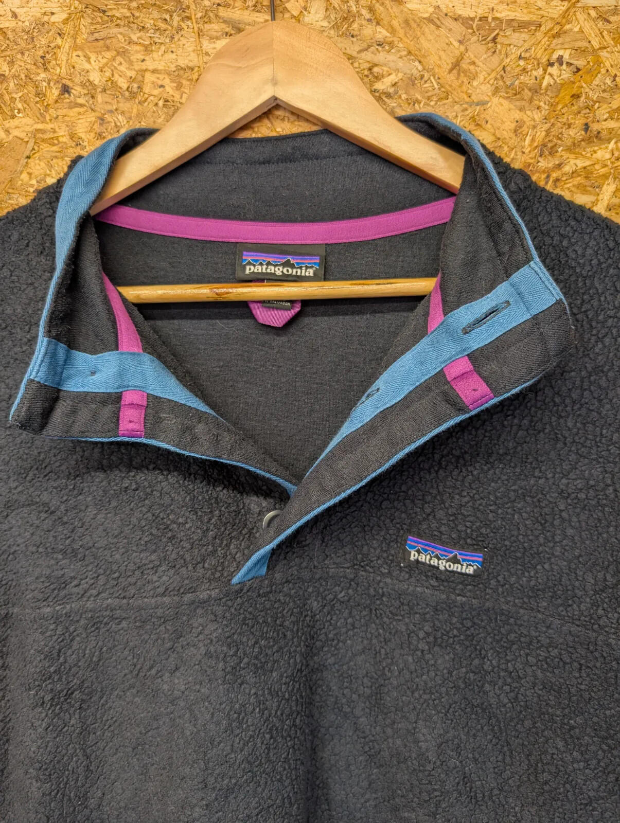 Patagonia Shearling Button Pullover Fleece Mens XXL Charcoal Blue Pink Pockets