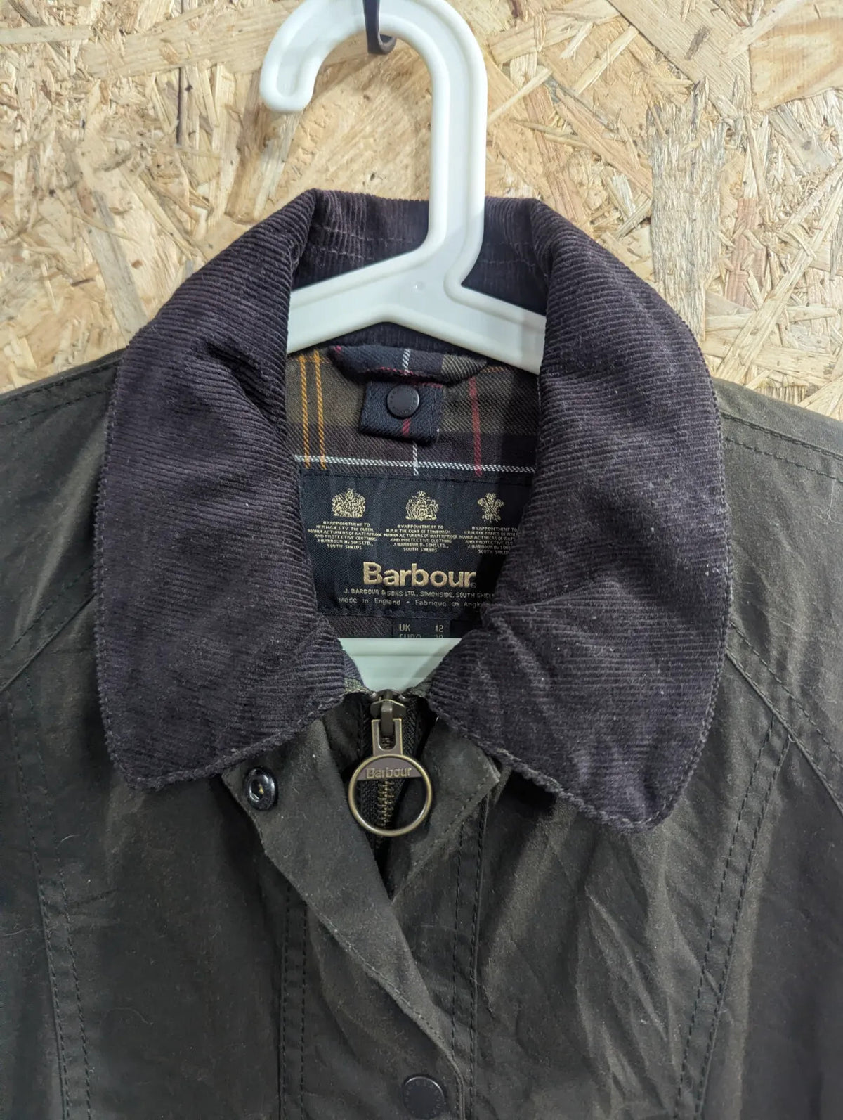 Barbour Beadnell Wax Jacket Womens UK12 Green Cotton Tartan Lined Cord Collar