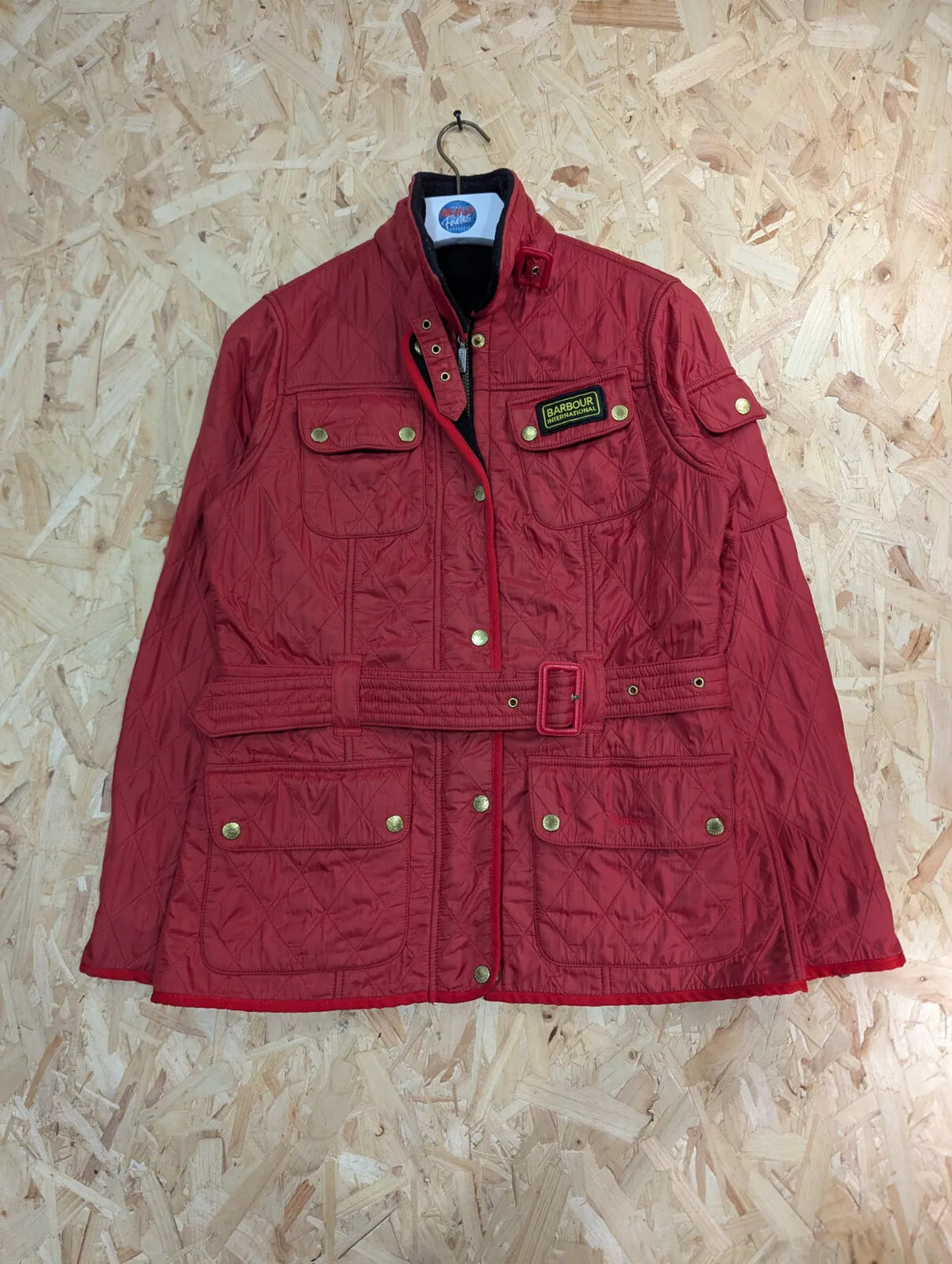 Barbour International Quilted Jacket Womens UK12 Red Diamond Polar Padded Belted