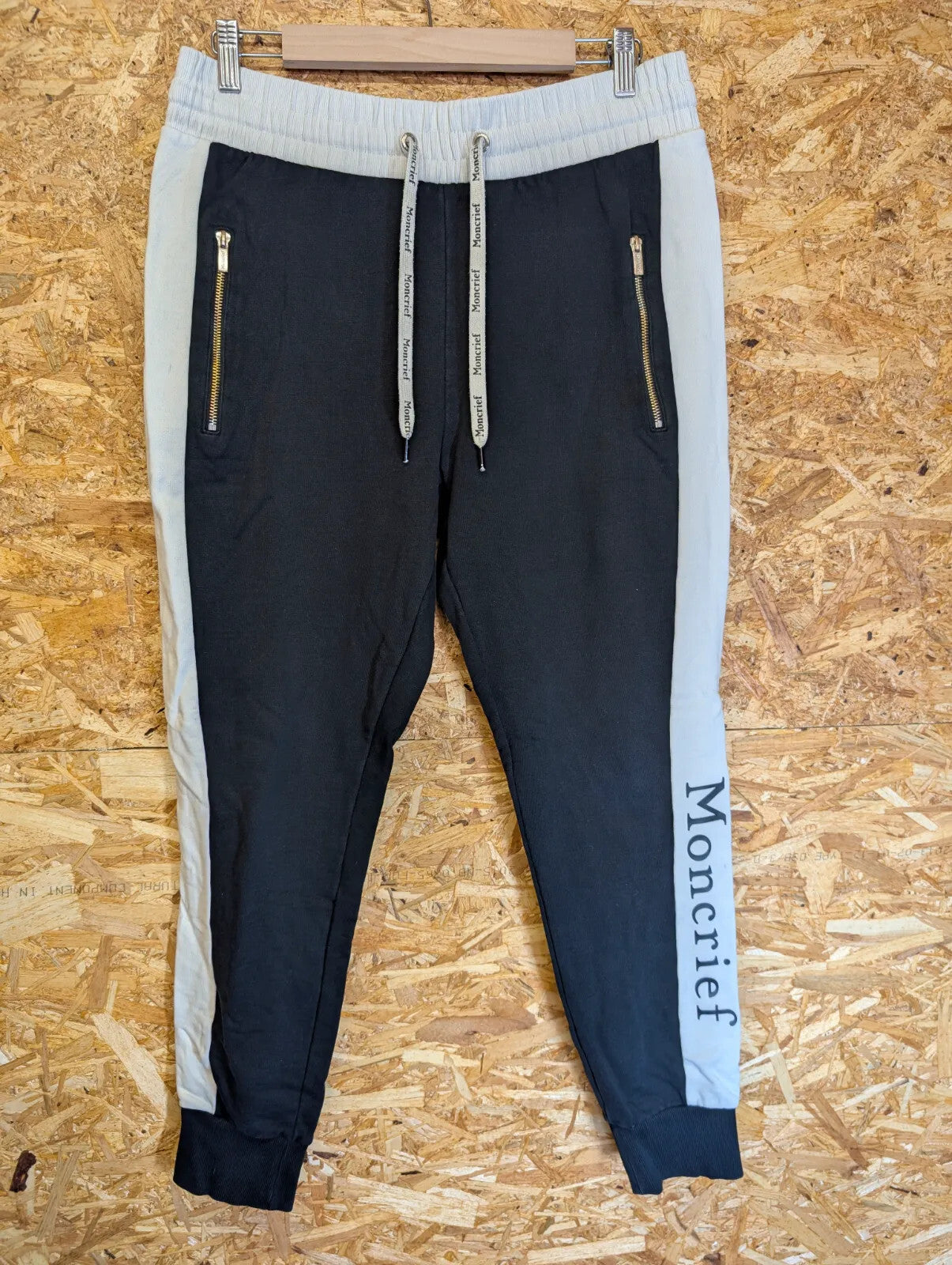 Moncrief London Joggers W32 W34 Black White Cotton Stripe Logo Zip Pocket Cuffed
