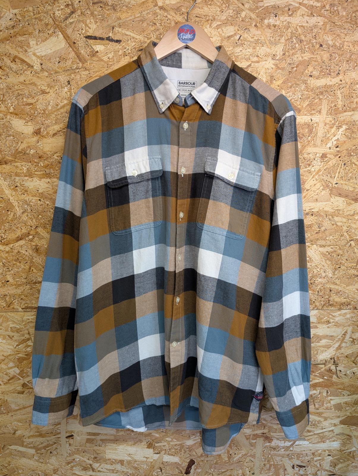 Barbour International Steve McQueen Shirt Large 42 Long Sleeve Green Brown Check