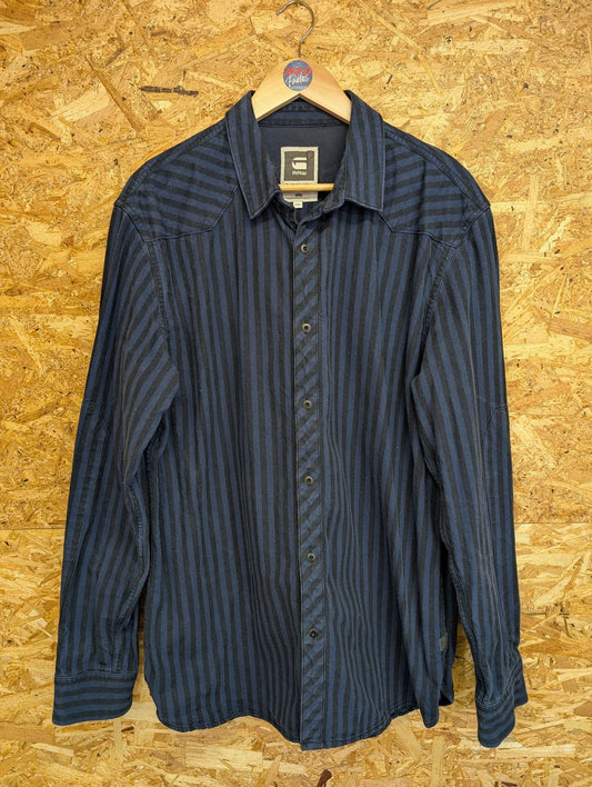 G-Star Raw Over-Shirt XXL Men Button-Up Stripe Navy Blue Heavy Duty Denim