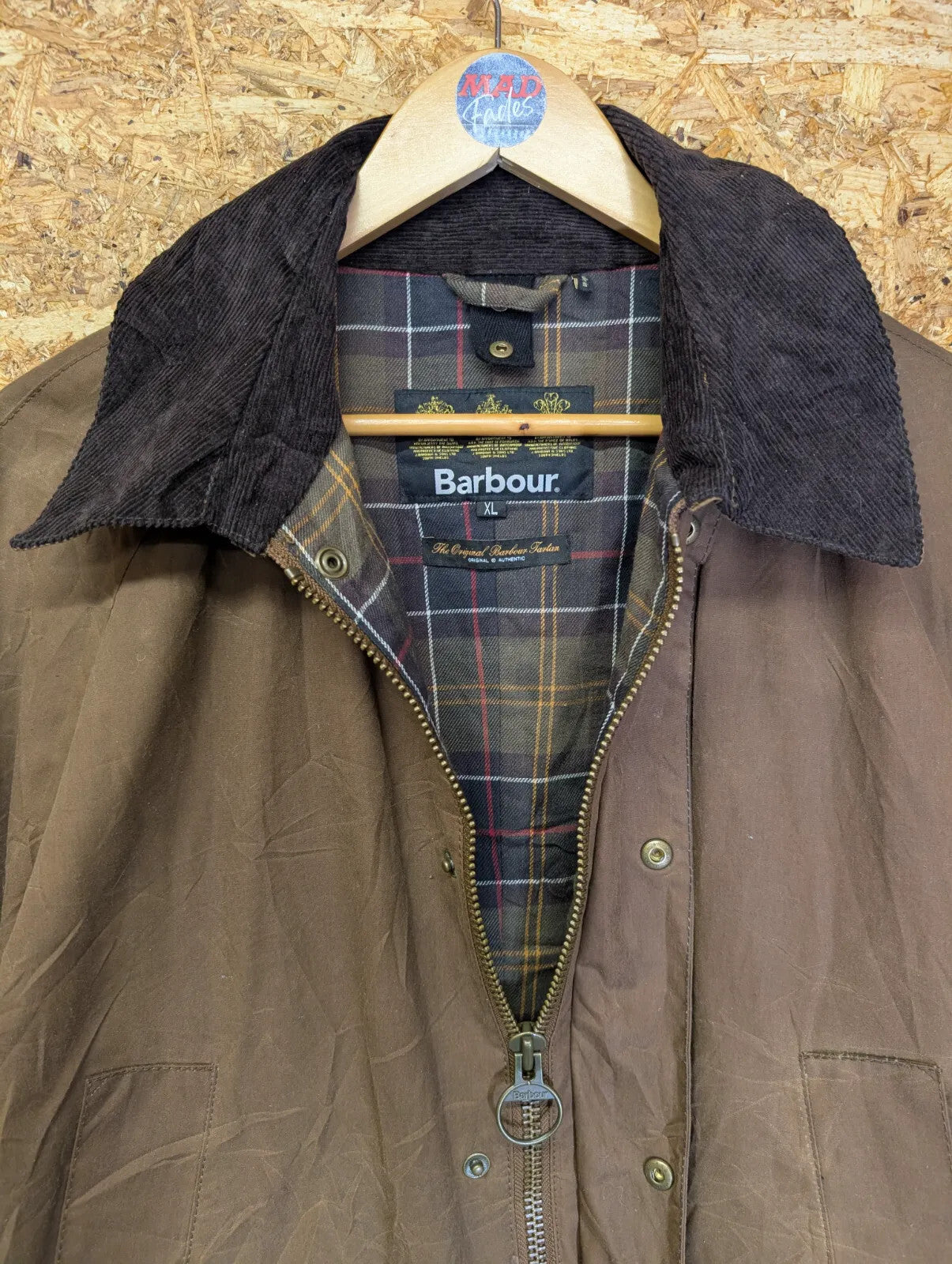 Barbour Ashby Wax Jacket XL Bark Khaki Rustic Brown England Tartan Cord Collar