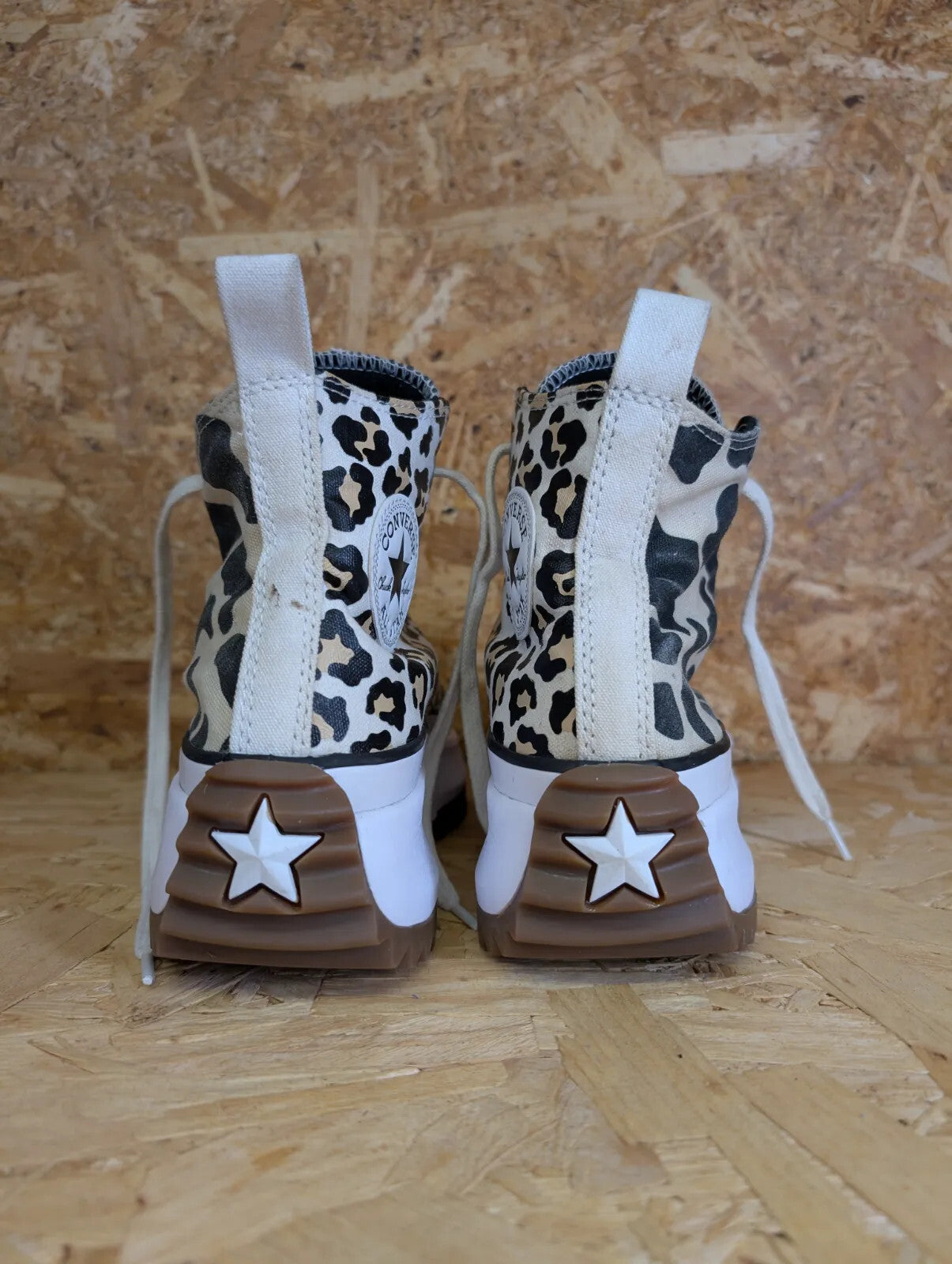 Converse Run Star Hike Trainers UK5 White Brown Leopard Canvas Chuck Taylor