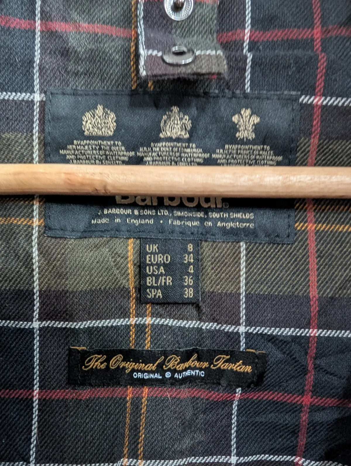 Barbour Beadnell Wax Jacket Womens UK8 Dark Olive Green Cotton Tartan Liner Cord