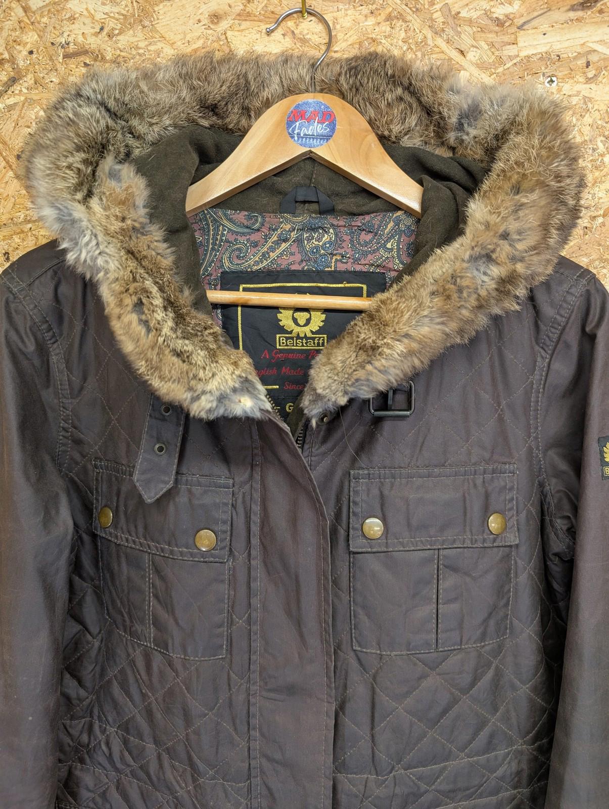 Belstaff Gold wax Jacket Size 12 Women 44 Quilted Brown Fur Trim Hood Biker