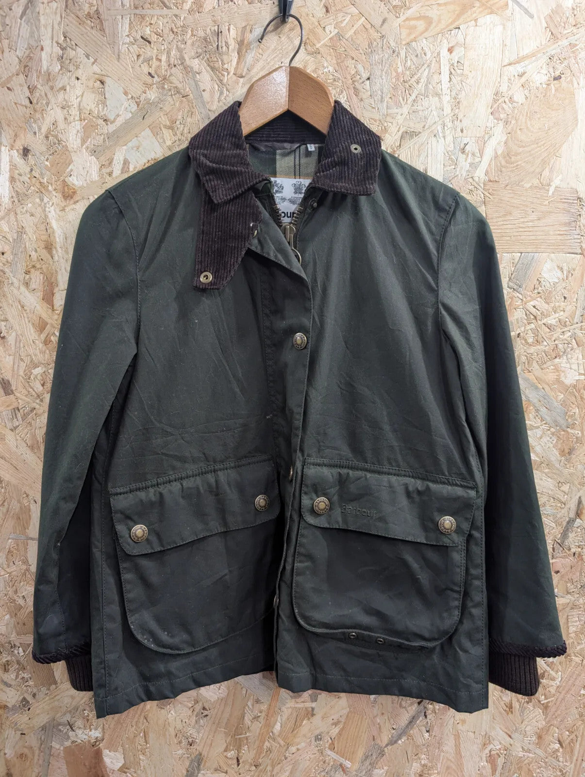 Barbour Cropped Border Jacket Womens UK6 Dark Green Waxed Cotton Corduroy Collar