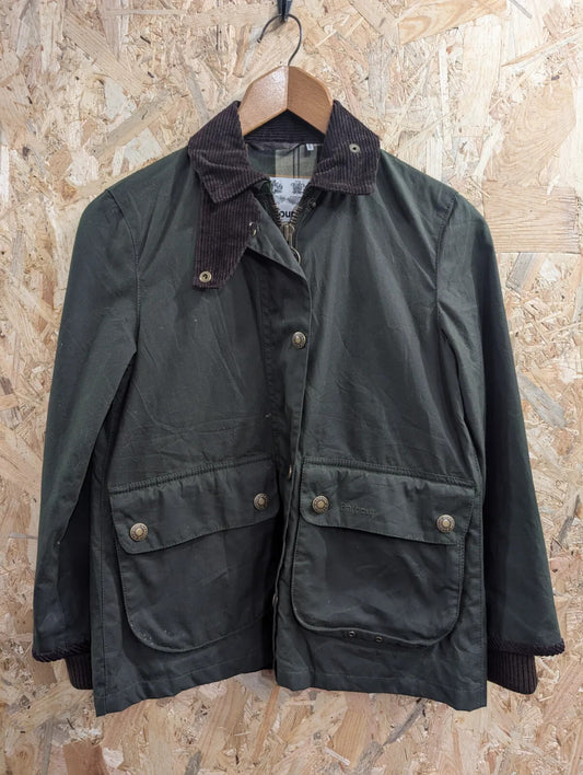 Barbour Cropped Border Jacket Womens UK6 Dark Green Waxed Cotton Corduroy Collar