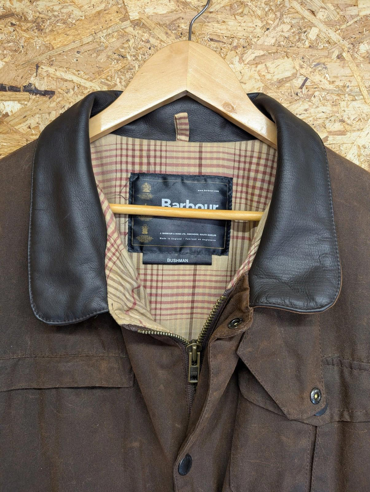 Barbour Bushman Jacket Large Men Waxed Cotton Brown England Made Tartan Leather