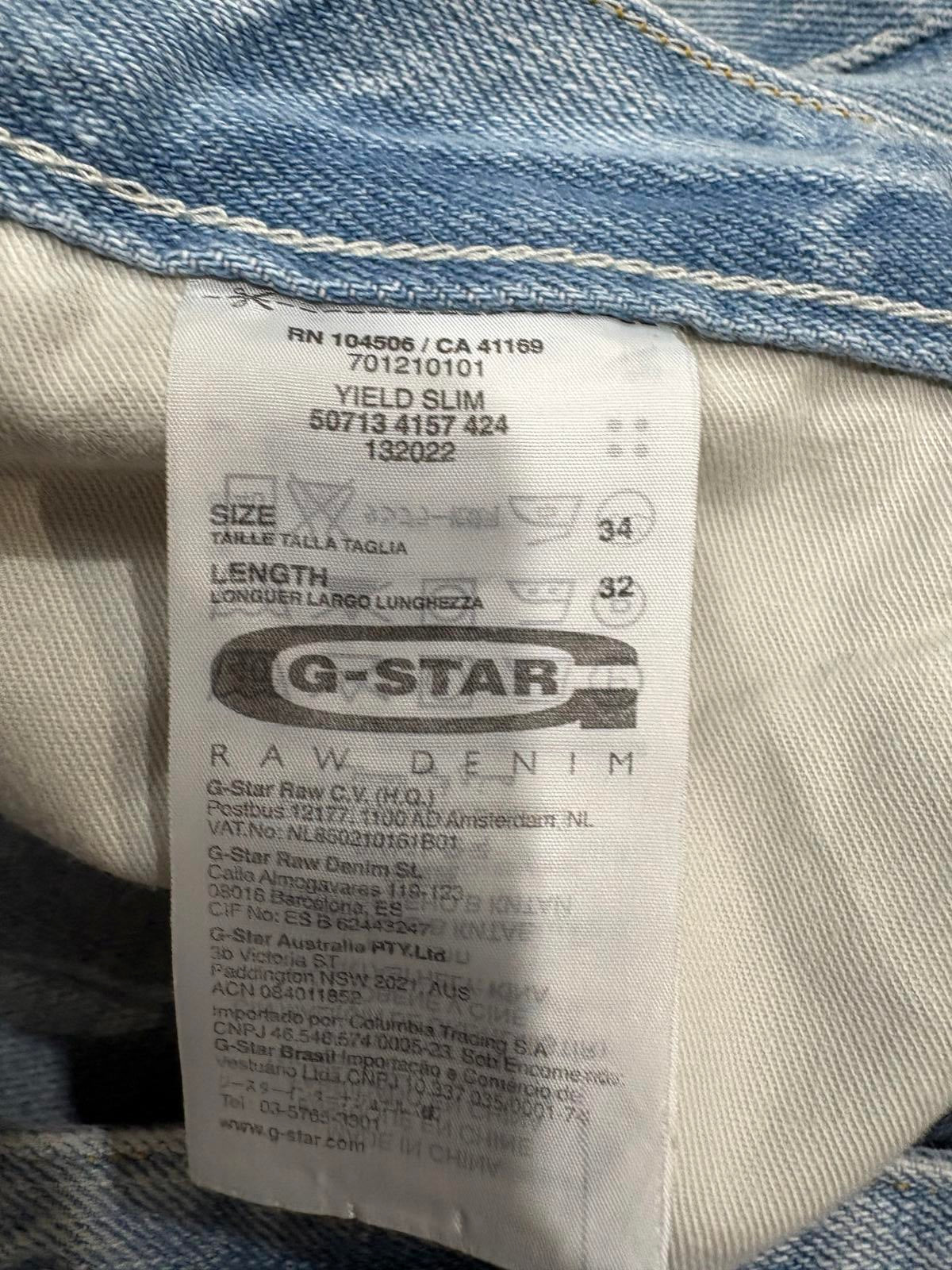 G-Star Raw Yield Slim Jeans W33 L32 Men Light Blue Straight Leg Button Fly