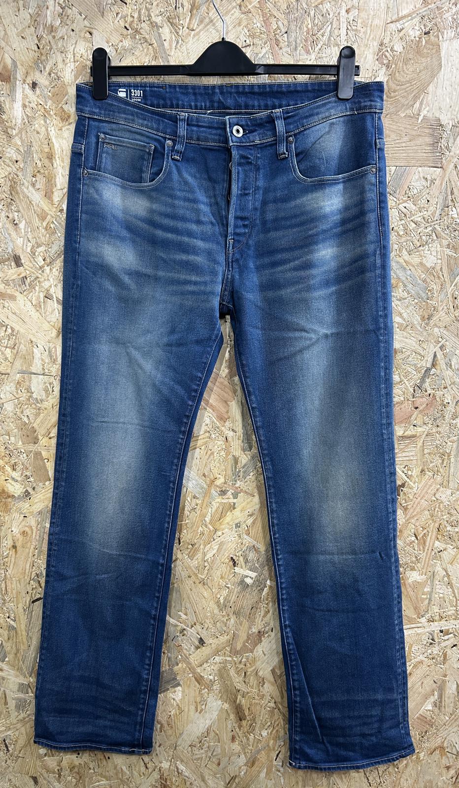 G-Star 3301 Loose Fit Jeans W33 L32 Men Mid Blue Straight Leg Button Fly