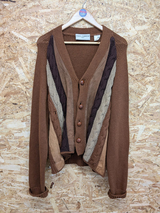 Dolce & Gabbana Large Cable Knit Cardigan Vintage 80s Brown Wool Leather Suede