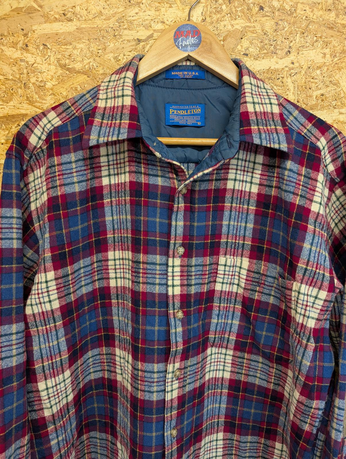 Pendleton Shirt Mens Large Burgundy Blue Houndstooth Check Plaid Made In USA