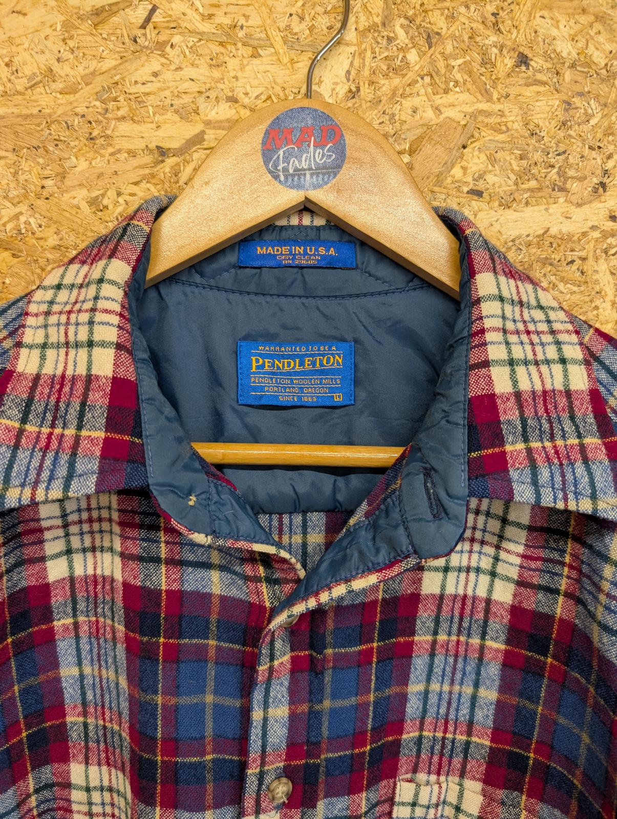 Pendleton Shirt Mens Large Burgundy Blue Houndstooth Check Plaid Made In USA