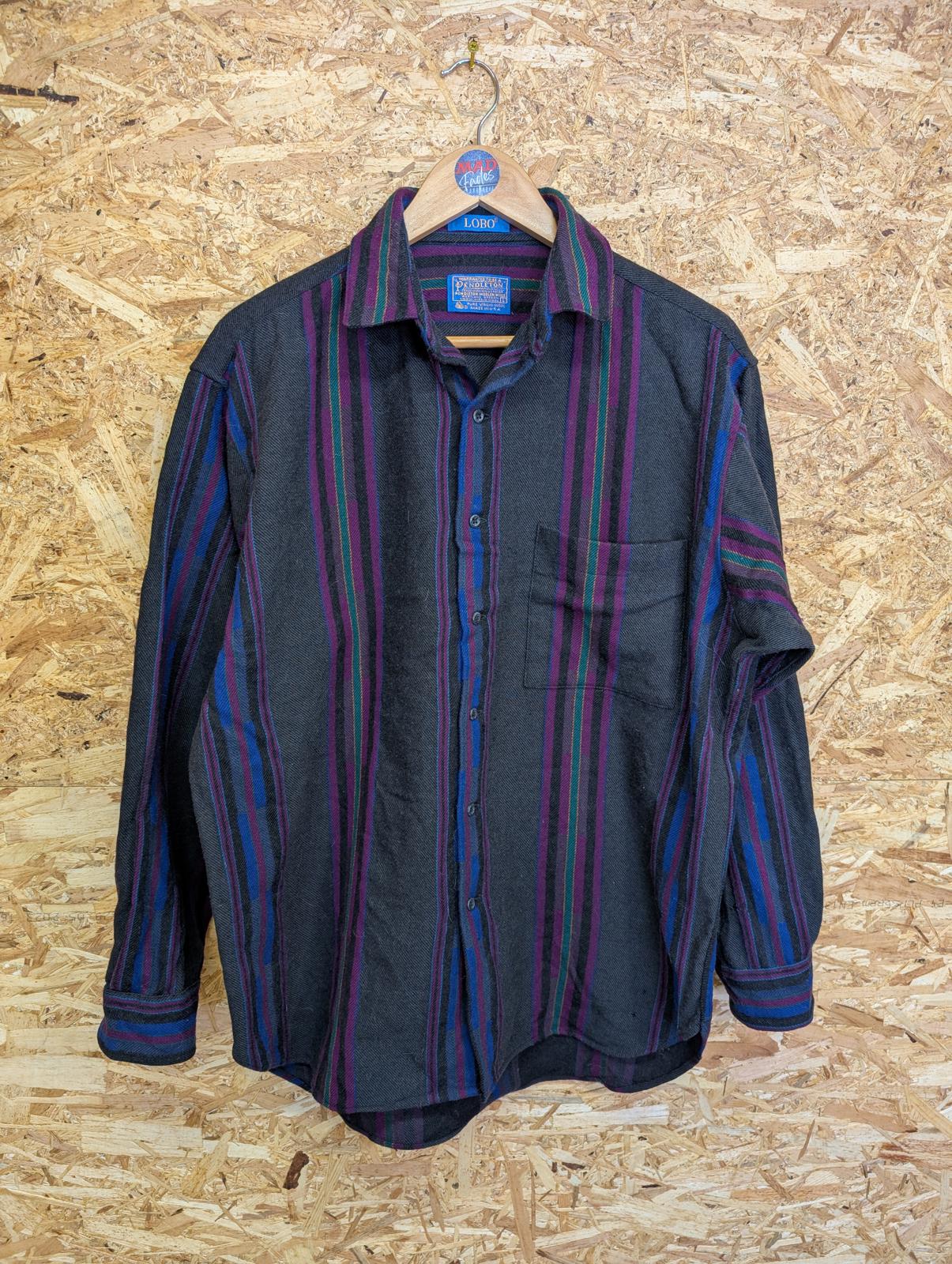 Pendleton Lobo Shirt Mens Large Grey Purple Blue Stripe Wool Made In USA